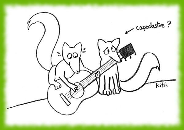 Deux renards jouent de la guitare, le premier aux cordes et le deuxième comme capodastre. Celui-ci se sent exploité.